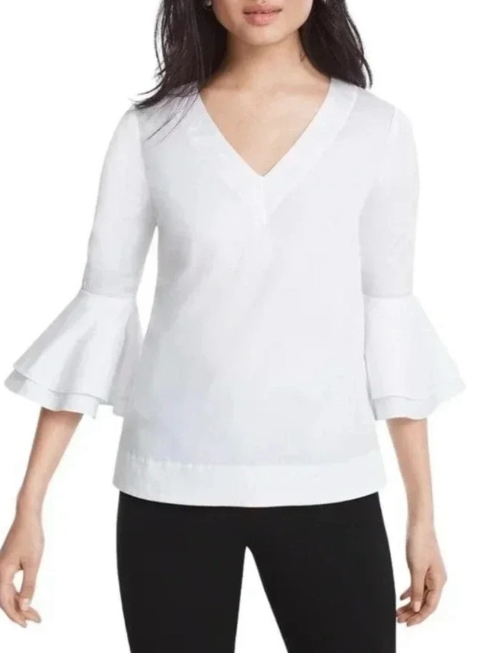 WHBM White V-Neck Bell Sleeve Women's Top “The Carmen”